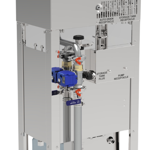 A stainless steel distiller unit with auto drain and pump kit installed, photographed on a plain white background. Small text at the bottom right reads '*PWS Lake 8-8 Distiller Shown'.