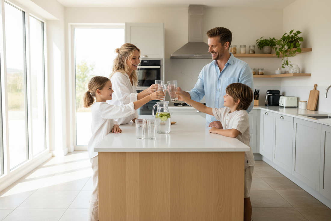 Smiling family drinking water