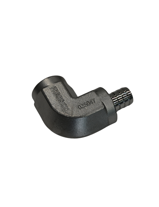 Elbow, SS, 1/2"-14FNPT x 3/8" Hose Barb (#036047)